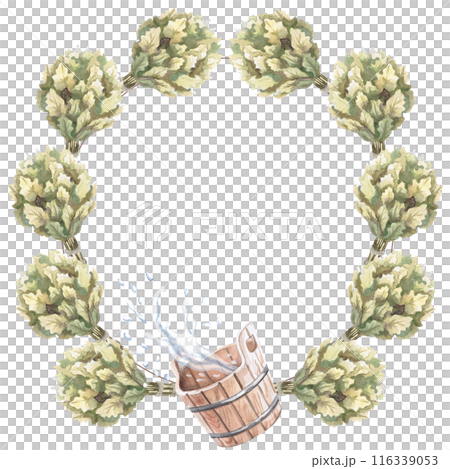Oak broom for sauna, tub, splashes of water in watercolor illustration on a white background. Hand drawn illustration of a set for advertising spas, baths, saunas, beauty salons, laundry 116339053