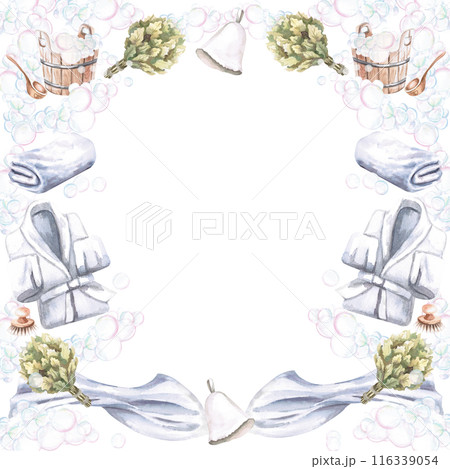 Terry robe, towel, sauna cap, tub, ladle, foam in watercolor illustration on a white background. Hand drawn illustration of a set for advertising spas, baths, saunas, beauty salons, laundry 116339054