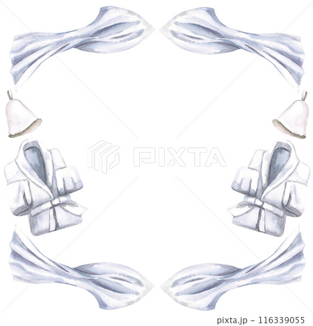 Terry robe, towel and sauna cap in watercolor illustration on a white background. Hand drawn illustration of a set for advertising spas, baths, saunas, beauty salons, laundry 116339055
