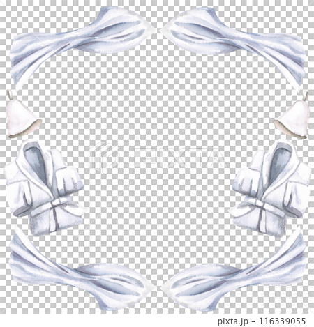 Terry robe, towel and sauna cap in watercolor illustration on a white background. Hand drawn illustration of a set for advertising spas, baths, saunas, beauty salons, laundry 116339055