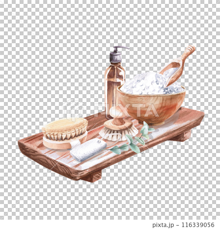 Wooden tray, dispenser,brush,pumice stone,plate with salt, spatulain watercolor illustration on a white background. Hand drawn illustration of a set for advertising spas, baths, saunas, beauty salons Wooden tray, dispenser,brush,pumice stone,plate with salt, spatulain watercolor illustration on a white background. Hand drawn illustration of a set for advertising spas, baths, saunas, beauty salons 116339056