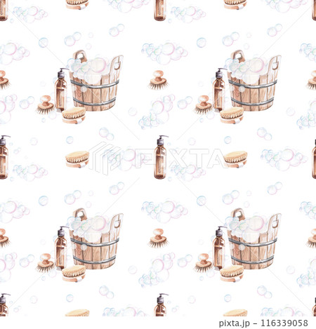 Seamless pattern dispenser, bubbles, tubs in watercolor illustration on a beige background. Hand-drawn illustration for printing on packaging, fabric for advertising saunas, baths, beauty salons, SPA. 116339058