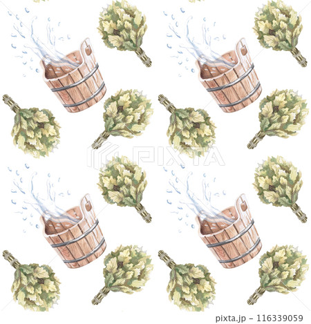 Seamless pattern with broom, tubs, water in watercolor illustration on a white background. Hand-drawn illustration for printing on packaging, fabric for advertising saunas, baths, beauty salons, SPA. 116339059