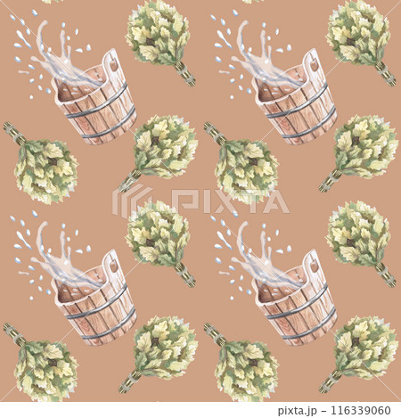 Seamless pattern with broom, tubs, water in watercolor illustration on a white background. Hand-drawn illustration for printing on packaging, fabric for advertising saunas, baths, beauty salons, SPA. 116339060