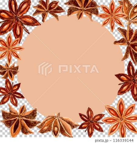 Star anise realistic watercolor frame on a white background. Five brown star-shaped spices with detailed texture and shades. Perfect for culinary, botanical projects, cards, posters, spice containers Star anise realistic watercolor frame on a white background. Five brown star-shaped spices with detailed texture and shades. Perfect for culinary, botanical projects, cards, posters, spice containers 116339144
