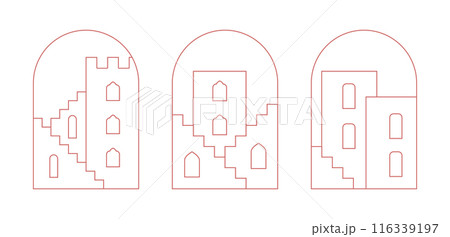 Arabic window landscape, view to buildings, houses, stairs. Modern Ramadan Mubarak colorful arch designs. 116339197