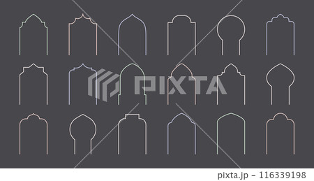 Ramadan Kareem and Eid Mubarak islamic arch, window, door, gate. Thin line vector frame shape. Ramadan Kareem and Eid Mubarak islamic arch, window, door, gate. Thin line vector frame shape. 116339198