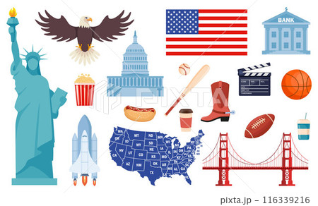 USA culture symbol set. Travel USA direction concept. American culture and history icons. Vector. USA culture symbol set. Travel USA direction concept. American culture and history icons. Vector. 116339216