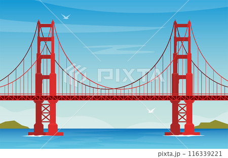 Golden Gate Bridge. US symbol. San Francisco, United States of America. Side view. Vector Flat style illustration. 116339221