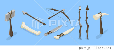3D Isometric Flat Vector Set of Primal Stone Age Tools, Prehistoric Weapons 3D Isometric Flat Vector Set of Primal Stone Age Tools, Prehistoric Weapons 116339224