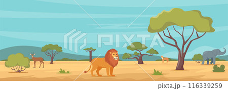 African savannah landscape with green trees and animals. Kenya panoramic view, wild nature. Jungle inhabitants in zoo area, exotic creatures, wildlife of Africa. Vector illustration. 116339259