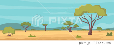 African savannah landscape with green trees, and plain grassland field under blue clear sky. Kenya panoramic view, wild nature. Vector. 116339260