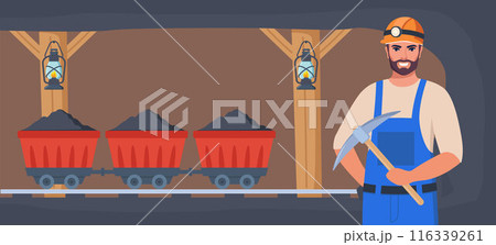 Coal mine tunnel. Trolley with coal in old mining cave interior. Miner man character, coal or minerals mining, Worker in uniform with pickaxe. Coal mine tunnel. Extraction Industry. Vector. Coal mine tunnel. Trolley with coal in old mining cave interior. Miner man character, coal or minerals mining, Worker in uniform with pickaxe. Coal mine tunnel. Extraction Industry. Vector. 116339261