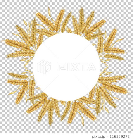 Wheat ears round frame. Barley stalks watercolor wreath for bread, flour packaging, bakery branding. Rustic clipart for barn wedding invitations, autumn harvest festival, Thanksgiving, Shavuot 116339272
