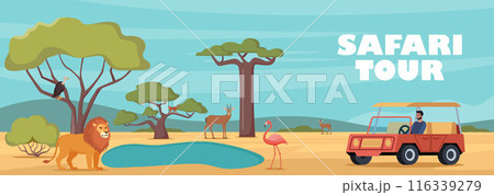 Safari tour of african wildlife. Design for tourism, travel, expedition and adventure. Banner, poster template. Horizontal African landscape with tropical animals, trees in warm colors. Vector. 116339279