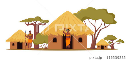 Tribe ethnic people in Africa. African woman with jug, afro character in tribal traditional costume, standing near ethnic hut house in village, rural African landscape. Vector illustration. 116339283