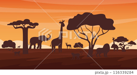 Sunset African landscape with wild animals. Welcome to Africa poster template. Vector. Sunset African landscape with wild animals. Welcome to Africa poster template. Vector. 116339284