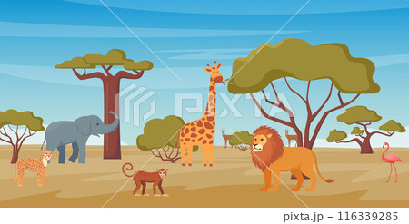 Horizontal African landscape with tropical animals, trees in warm colors. Savannah view with leopard, giraffe, elephant, lion, monkey. Exotic safari background for posters, banners. Vector. 116339285