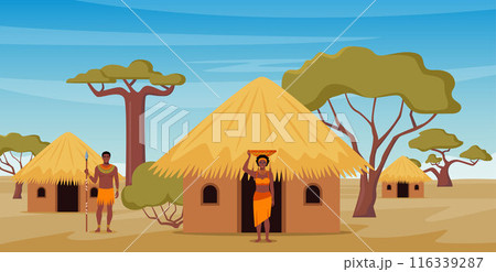 Tribe ethnic people in Africa. African woman with jug, afro character in tribal traditional costume, standing near ethnic hut house in village, rural African landscape. Vector illustration. 116339287