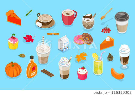 3D Isometric Flat Vector Set of Coffee and Treats, Fall Vibes Beverage 116339302