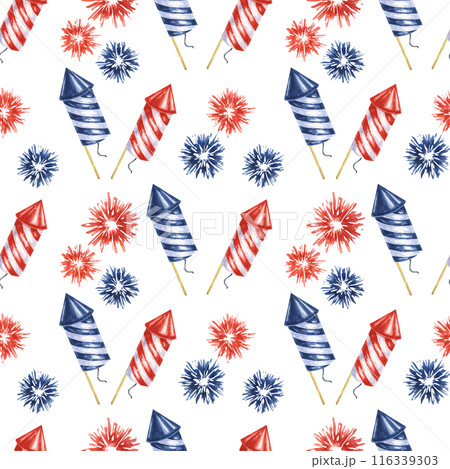 Fourth of July seamless pattern. Red, Blue firecrackers and fireworks bursts. Independence day holiday background. Hand drawn watercolor 4th of July clipart for wrapping paper, gifts, textile, napkins 116339303