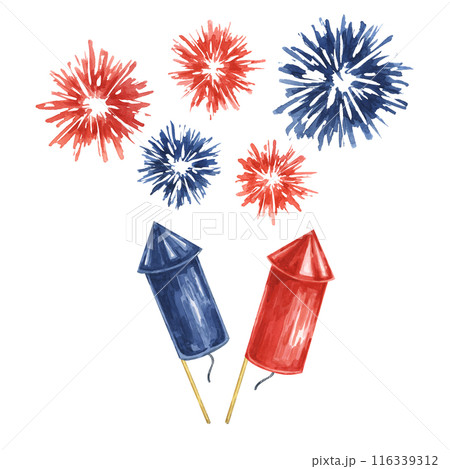 Fourth of July banner. Red, Blue firecrackers and fireworks bursts. Independence day national holiday template. Hand drawn watercolor 4th of July clipart for cards, flyers, invitations, stickers Fourth of July banner. Red, Blue firecrackers and fireworks bursts. Independence day national holiday template. Hand drawn watercolor 4th of July clipart for cards, flyers, invitations, stickers 116339312