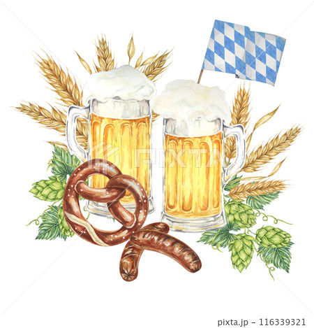 Oktoberfest composition in watercolor. Frothy mugs with light beer, grilled sausages, salty pretzel, barley, hops and Bavarian flags. Clipart for festive designs, card, brewery, flyer, coaster 116339321