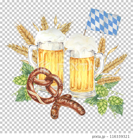 Oktoberfest composition in watercolor. Frothy mugs with light beer, grilled sausages, salty pretzel, barley, hops and Bavarian flags. Clipart for festive designs, card, brewery, flyer, coaster 116339321