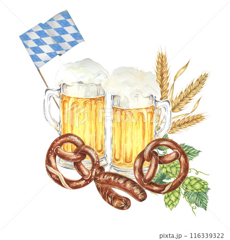Oktoberfest composition in watercolor. Frothy mugs with light beer, grilled sausages, salty pretzel, barley, hops and Bavarian flags. Clipart for festive designs, card, brewery, flyer, coaster Oktoberfest composition in watercolor. Frothy mugs with light beer, grilled sausages, salty pretzel, barley, hops and Bavarian flags. Clipart for festive designs, card, brewery, flyer, coaster 116339322