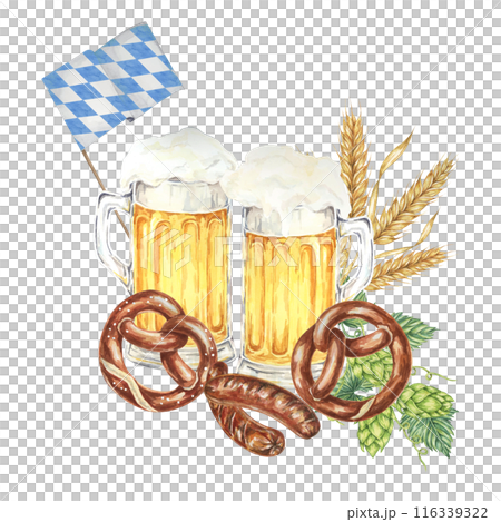 Oktoberfest composition in watercolor. Frothy mugs with light beer, grilled sausages, salty pretzel, barley, hops and Bavarian flags. Clipart for festive designs, card, brewery, flyer, coaster Oktoberfest composition in watercolor. Frothy mugs with light beer, grilled sausages, salty pretzel, barley, hops and Bavarian flags. Clipart for festive designs, card, brewery, flyer, coaster 116339322