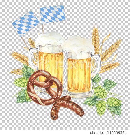 Oktoberfest composition in watercolor. Frothy mugs with light beer, grilled sausages, salty pretzel, barley, hops and Bavarian flags. Clipart for festive designs, card, brewery, flyer, coaster 116339324