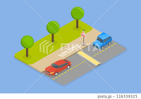 3D Isometric Flat Vector Illustration of Reaching a Speed Bump, Safety Car Driving Rules 116339325