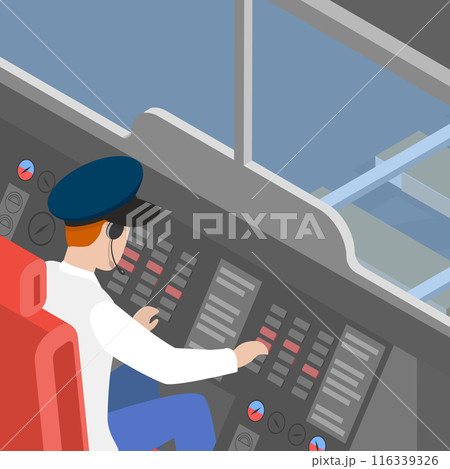 3D Isometric Flat Vector Illustration of Train Driver, Inside View from a Cabin 116339326