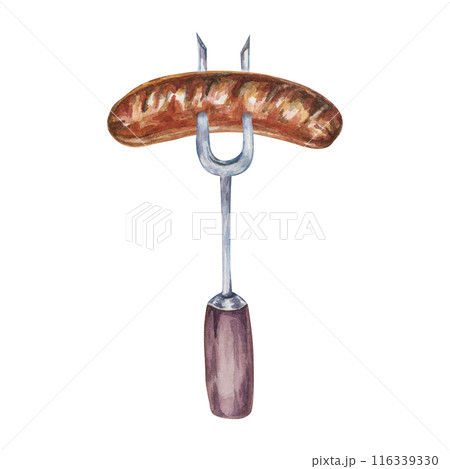 Grilled sausage on the metal bbq fork in watercolor. Barbeque party theme, German, Austrian food culinary design. Bratwurst for Oktoberfest, clipart for flyers, posters, brewery, snack stand, events 116339330