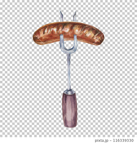 Grilled sausage on the metal bbq fork in watercolor. Barbeque party theme, German, Austrian food culinary design. Bratwurst for Oktoberfest, clipart for flyers, posters, brewery, snack stand, events Grilled sausage on the metal bbq fork in watercolor. Barbeque party theme, German, Austrian food culinary design. Bratwurst for Oktoberfest, clipart for flyers, posters, brewery, snack stand, events 116339330