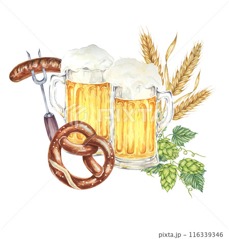 Oktoberfest composition in watercolor. Frothy mugs with light lager beer, grilled sausage, salty soft pretzel, barley ears and green hops. Clipart for festive designs, card, brewery, flyer, coaster Oktoberfest composition in watercolor. Frothy mugs with light lager beer, grilled sausage, salty soft pretzel, barley ears and green hops. Clipart for festive designs, card, brewery, flyer, coaster 116339346
