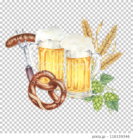 Oktoberfest composition in watercolor. Frothy mugs with light lager beer, grilled sausage, salty soft pretzel, barley ears and green hops. Clipart for festive designs, card, brewery, flyer, coaster Oktoberfest composition in watercolor. Frothy mugs with light lager beer, grilled sausage, salty soft pretzel, barley ears and green hops. Clipart for festive designs, card, brewery, flyer, coaster 116339346