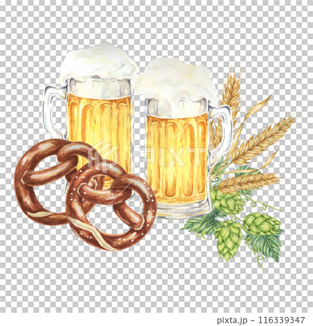 Oktoberfest composition in watercolor. Frothy mugs with light beer, two salty pretzel, barley ears or wheat, and hops. Clipart for festive designs, card, brewery, flyer, coaster Oktoberfest composition in watercolor. Frothy mugs with light beer, two salty pretzel, barley ears or wheat, and hops. Clipart for festive designs, card, brewery, flyer, coaster 116339347
