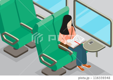 3D Isometric Flat Vector Illustration of Reading in a Train, Relaxation While Commuting 116339348