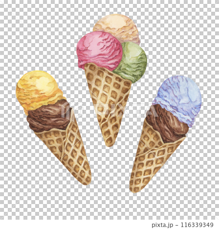 Ice cream cones set in pastel colors. Dessert watercolor illustration of frozen treats for summer feel, cafes, stickers and posters. Hand drawn sweets theme clipart for food and culinary design Ice cream cones set in pastel colors. Dessert watercolor illustration of frozen treats for summer feel, cafes, stickers and posters. Hand drawn sweets theme clipart for food and culinary design 116339349