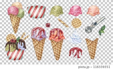 Ice cream design elements set including various flavors, cherries, waffle cones, wafer sticks, whipped cream, mint leaves and metal scoop, drizzles of chocolate and berry sirup. Watercolor clipart 116339351