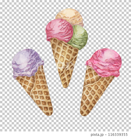 Ice cream cones set in pastel colors. Dessert watercolor illustration of frozen treats for summer feel, cafes, stickers and posters. Hand drawn sweets theme clipart for food and culinary design Ice cream cones set in pastel colors. Dessert watercolor illustration of frozen treats for summer feel, cafes, stickers and posters. Hand drawn sweets theme clipart for food and culinary design 116339355