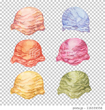 Ice cream scoops set in pastel colors. Dessert watercolor illustration of frozen treats for summer feel, cafes, stickers and posters. Hand drawn sweets theme clipart for food and culinary design Ice cream scoops set in pastel colors. Dessert watercolor illustration of frozen treats for summer feel, cafes, stickers and posters. Hand drawn sweets theme clipart for food and culinary design 116339356