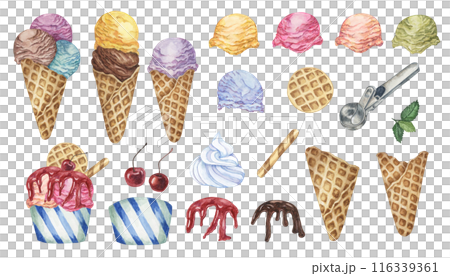 Ice cream design elements set including various flavors, cherries, waffle cones, wafer sticks, whipped cream, mint leaves and metal scoop, drizzles of chocolate and berry sirup. Watercolor clipart 116339361
