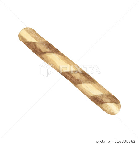 Crunchy wafer stick with crispy texture for desserts and beverages. Watercolor illustration of the light, rolled pastry. Clipart for ice cream cafe, stand, menu, culinary design, summer fair 116339362