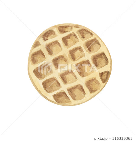 A round, golden waffle with a classic grid pattern. Watercolor topping illustration for desserts, pastry, Realistic hand drawn clipart for ice cream cafe, stand, menu, culinary design, summer fair 116339363