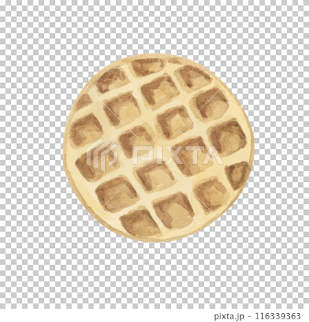 A round, golden waffle with a classic grid pattern. Watercolor topping illustration for desserts, pastry, Realistic hand drawn clipart for ice cream cafe, stand, menu, culinary design, summer fair 116339363