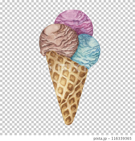 Coffee, chocolate, berry and bubblegum or cotton candy cream scoops in waffle cone clipart . Dessert realistic watercolor illustration of cold treats for labels, menu, culinary design, summer fair Coffee, chocolate, berry and bubblegum or cotton candy cream scoops in waffle cone clipart . Dessert realistic watercolor illustration of cold treats for labels, menu, culinary design, summer fair 116339365