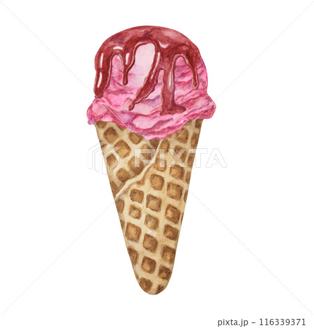 Raspberry, dragon fruit, bubblegum, pomegranate, cherry ice cream scoop with berry sauce topping in waffle cone clipart. Dessert watercolor illustration for labels, menu, culinary design, summer fair 116339371