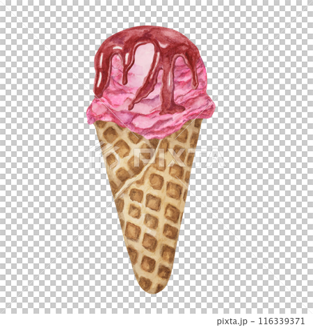 Raspberry, dragon fruit, bubblegum, pomegranate, cherry ice cream scoop with berry sauce topping in waffle cone clipart. Dessert watercolor illustration for labels, menu, culinary design, summer fair 116339371